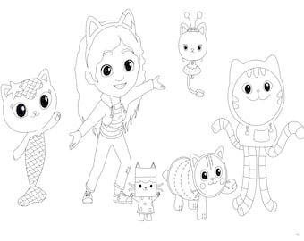 Gabbys dollhouse digital download coloring sheet with gabby and all her friends