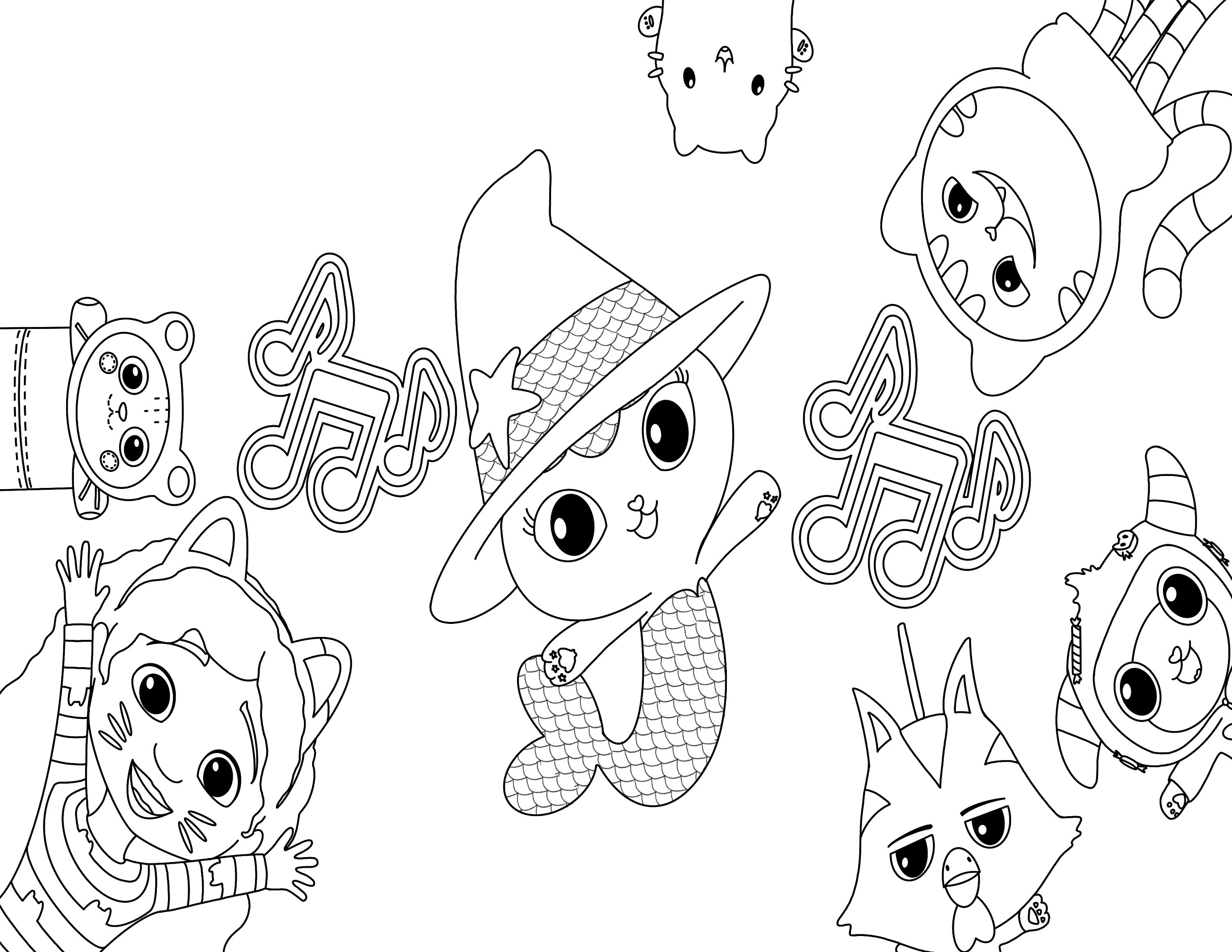 Gabbys dollhouse halloween coloring sheet with gabby and friends in costumes