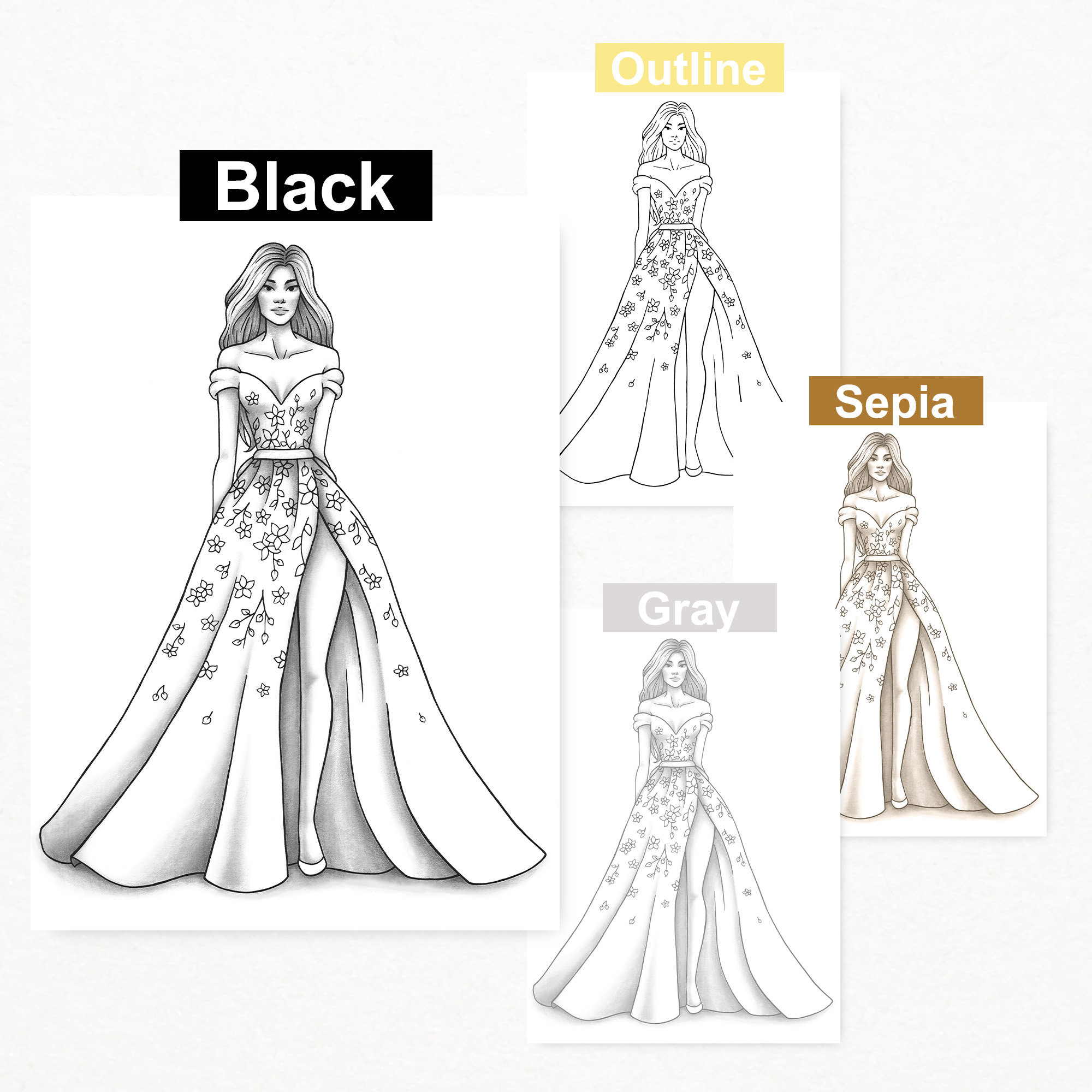 Adult coloring page fashion and clothes colouring sheet model grayscale pdf printable girls relaxing zentangle line art