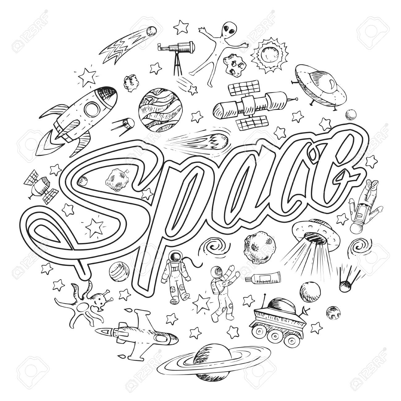 Vector doodle space objects astronaut alien galaxy space ship spaceman coloring page royalty free svg cliparts vectors and stock illustration image