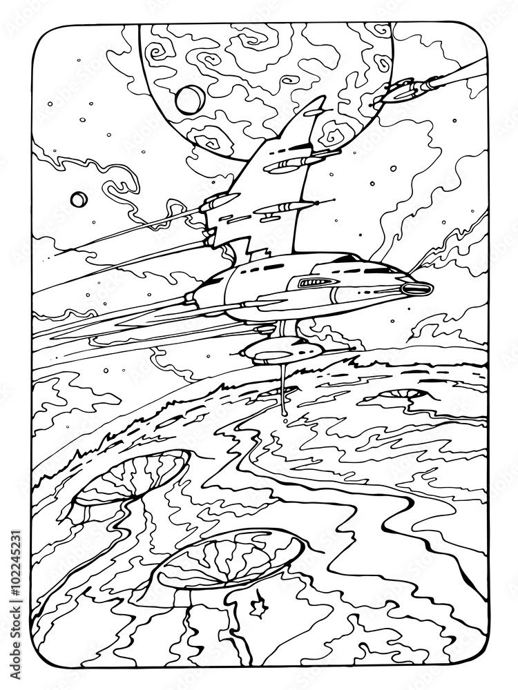 Coloring page for adults space theme cosmos illustration