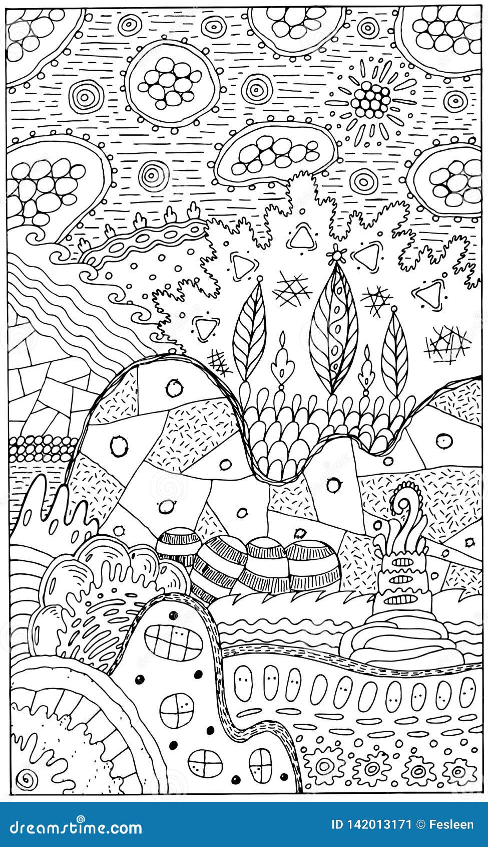 Fantasy landscape with surreal houses and trees psychedelic fantastic coloring page for adults stock vector