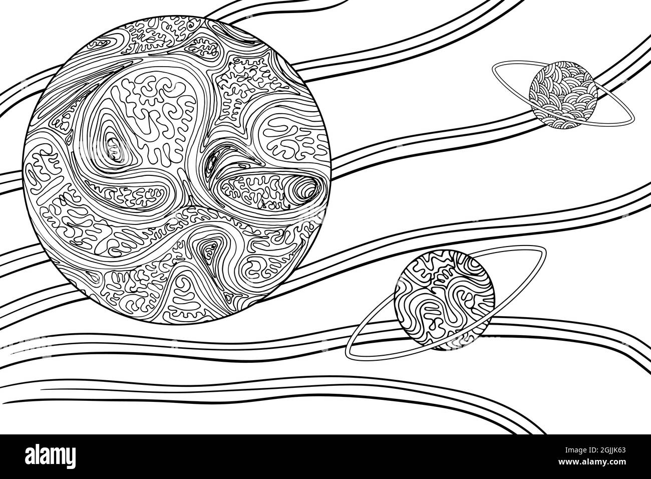 Doodle alien space fantasy landscape coloring page for adults fantastic psychedelic graphic artwork vector hand drawn simple flat illustration stock vector image art