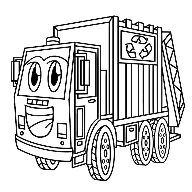 Premium vector garbage truck with face vehicle coloring page