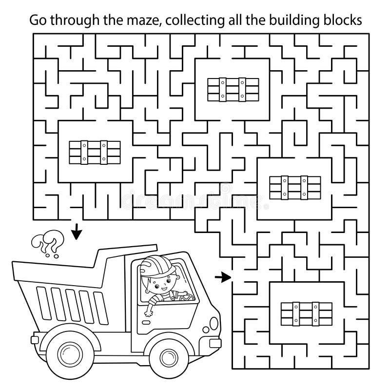 Maze or labyrinth game puzzle coloring page outline of cartoon lorry or dump truck construction vehicles stock vector