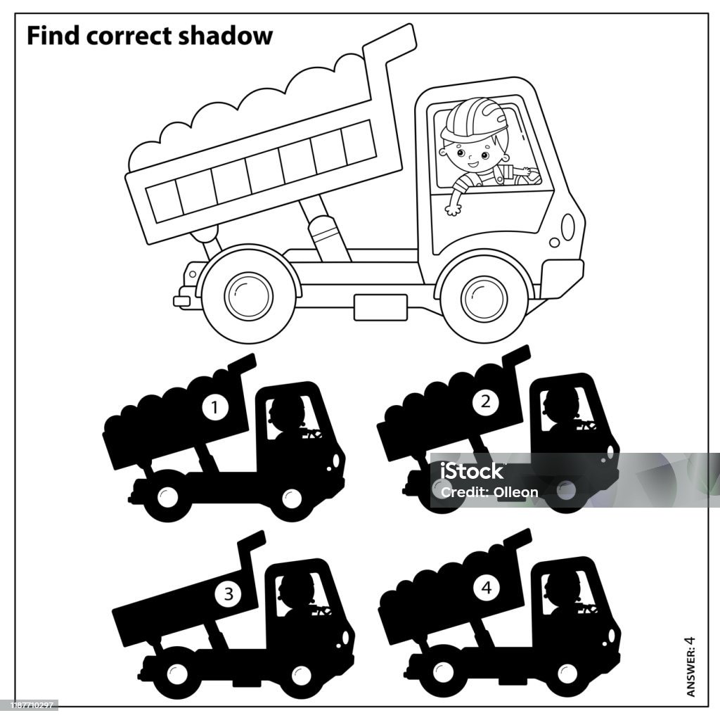 Puzzle game for kids find correct shadow lorry or dump truck construction vehicles coloring book for children stock illustration