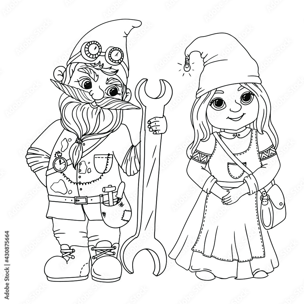 A family of garden gnomes coloring book with gnomes a magical creature the girl is a herbalist vector illustration isolated on white background vector