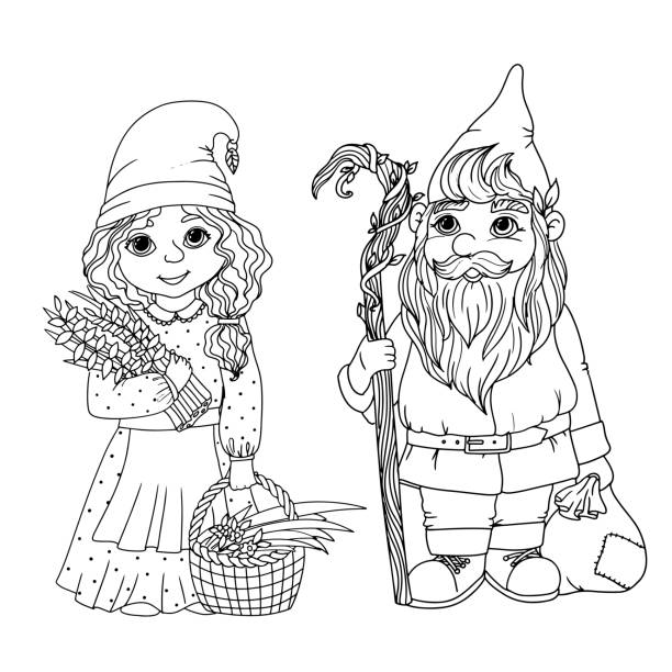 A family of garden gnomes coloring book with gnomes a magical creature the girl is a herbalist vector illustration isolated on white background stock illustration