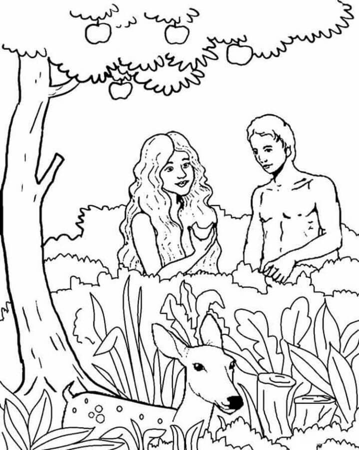 The deer walks near adam and eve coloring page