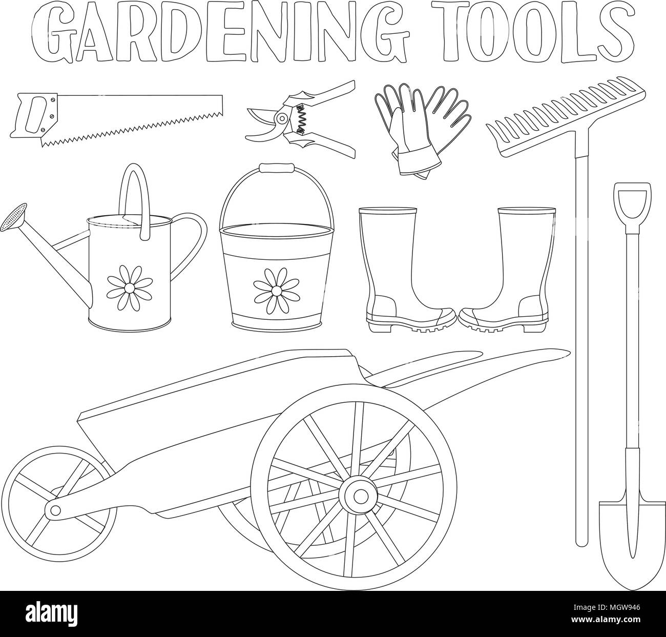 Black and white garden tool set elements coloring book page for adults and kids gardening tool vector illustration for gift card certificate stick stock vector image art
