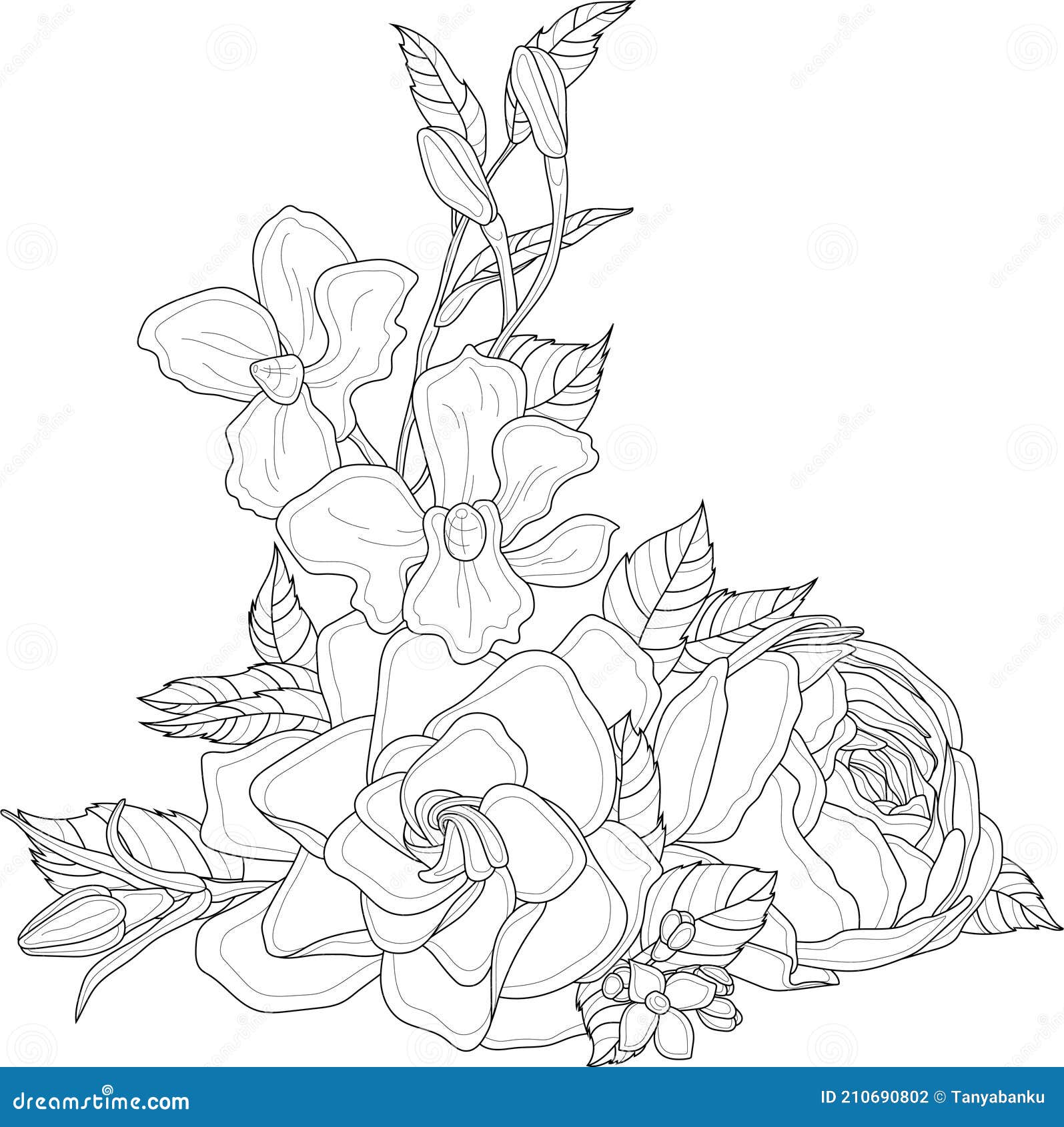 Realistic gardenia iris and peony flower bouquet with leafs sketch template stock vector