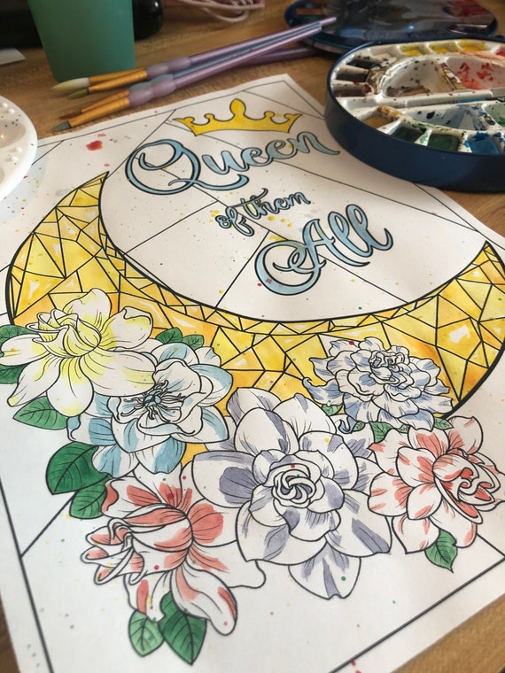 Downloadable coloring page gardenia flower and gem moon
