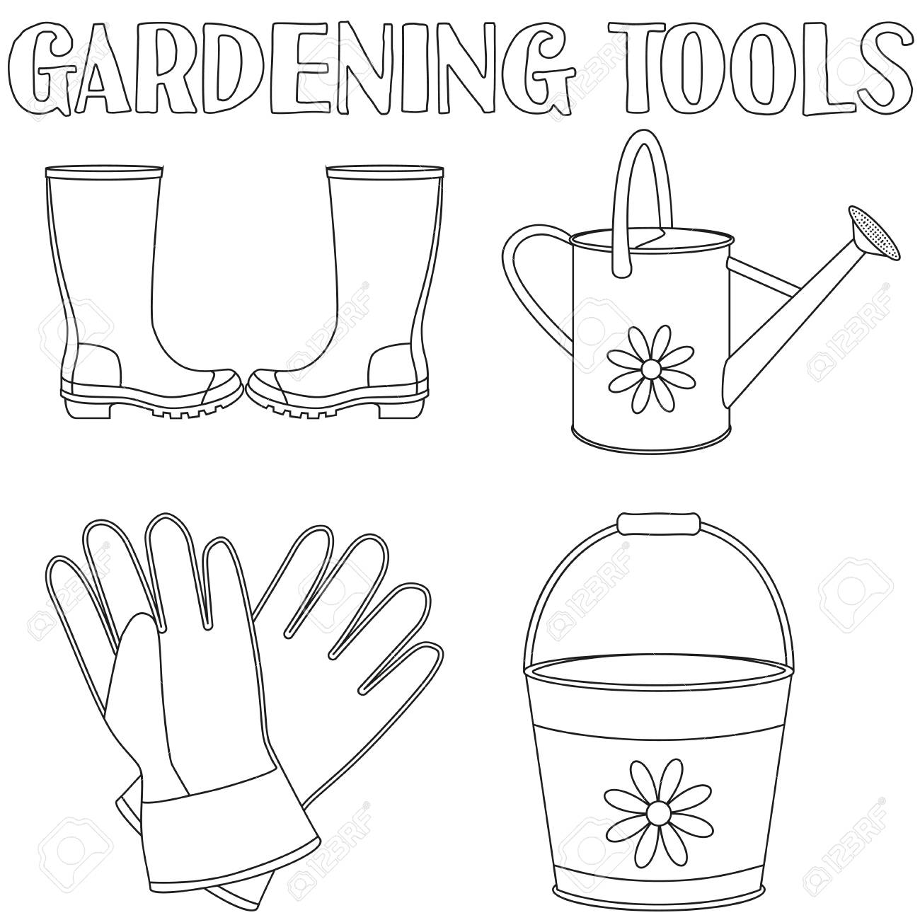 Black and white garden watering elements set coloring book page for adults and kids gardening tool vector illustration for gift card certificate sticker label icon poster patch invitation royalty free svg