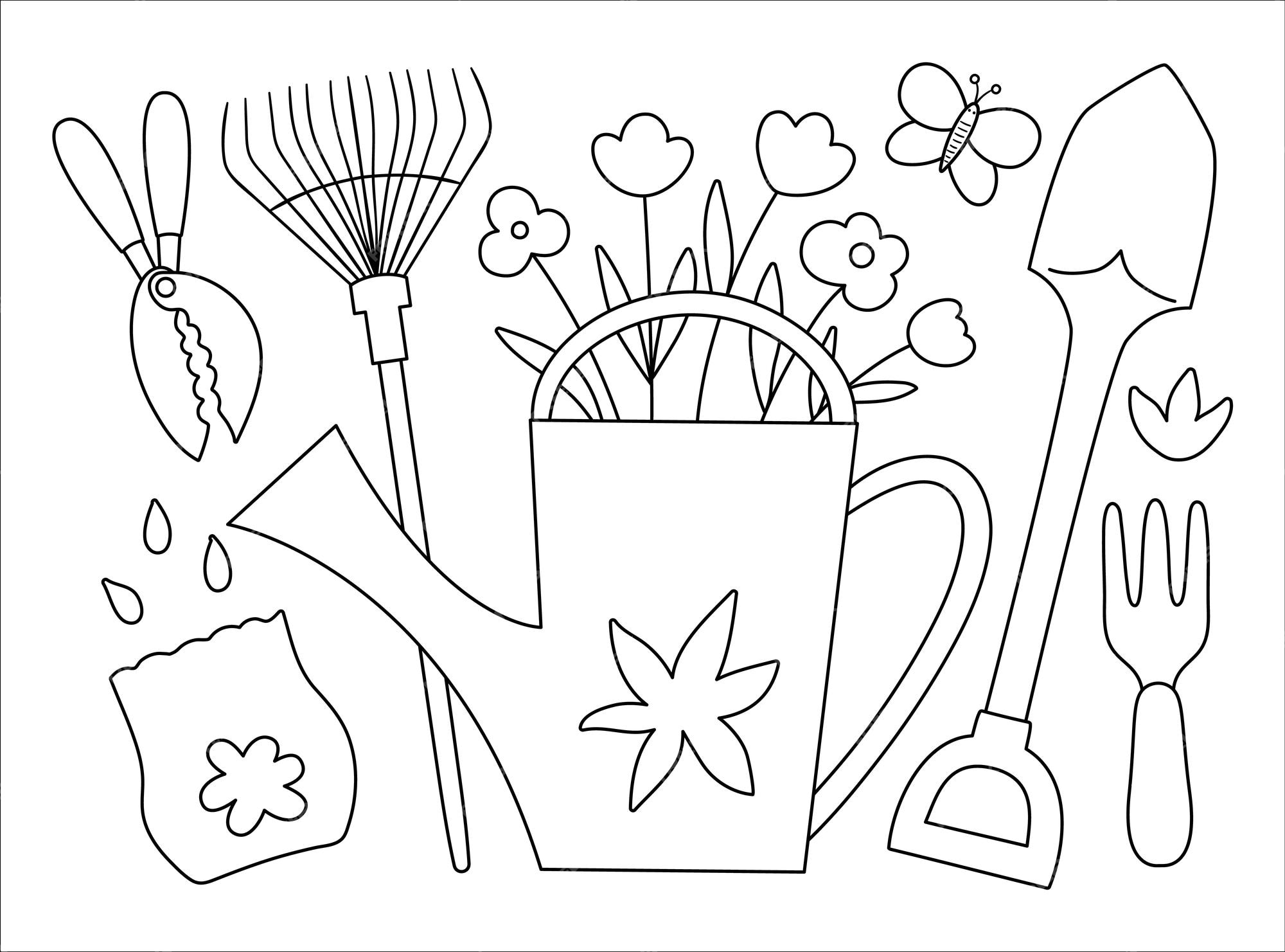 Premium vector vector black and white illustration of colorful garden tools with flowers and plants outline spring picture line watering can with flowers rakes seeds butterfly gardening themed conceptxa