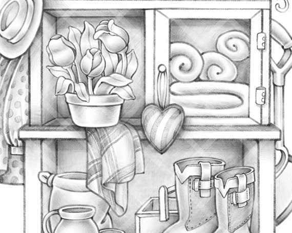 Garden tools cute coloring page printable for adult and kid flower coloring page for all ages decoration vintage jpeg printable download
