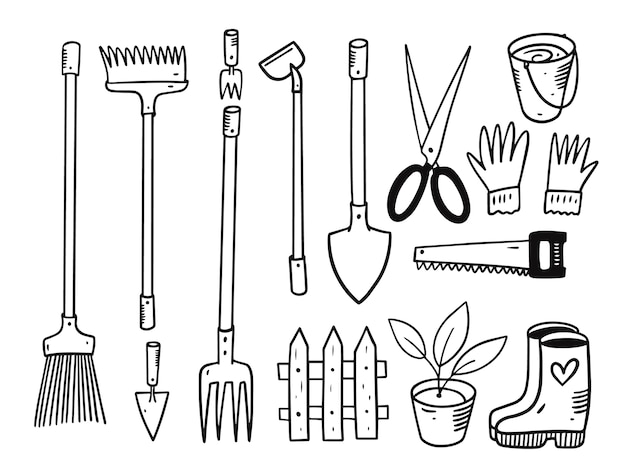 Premium vector garden tools set doodle illustration black color isolated on white background