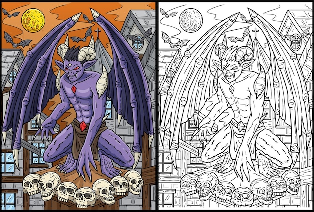 Premium vector this coloring page shows a halloween perching gargoyle one side of this illustration is colored and serves as an inspiration for children