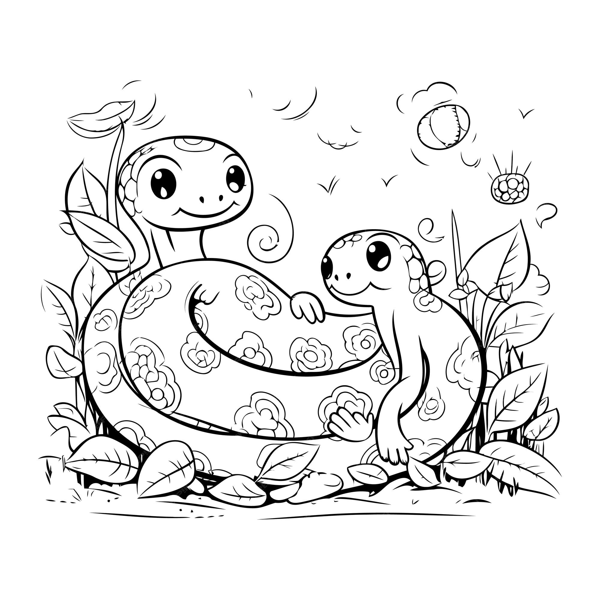 Premium vector coloring book for children snake and snail in the garden