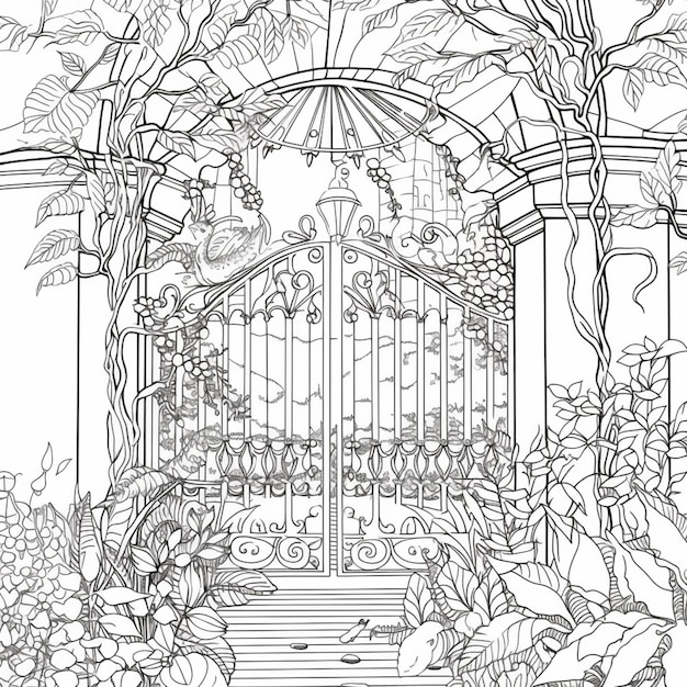 Premium ai image a coloring page of a garden with a gate and vines