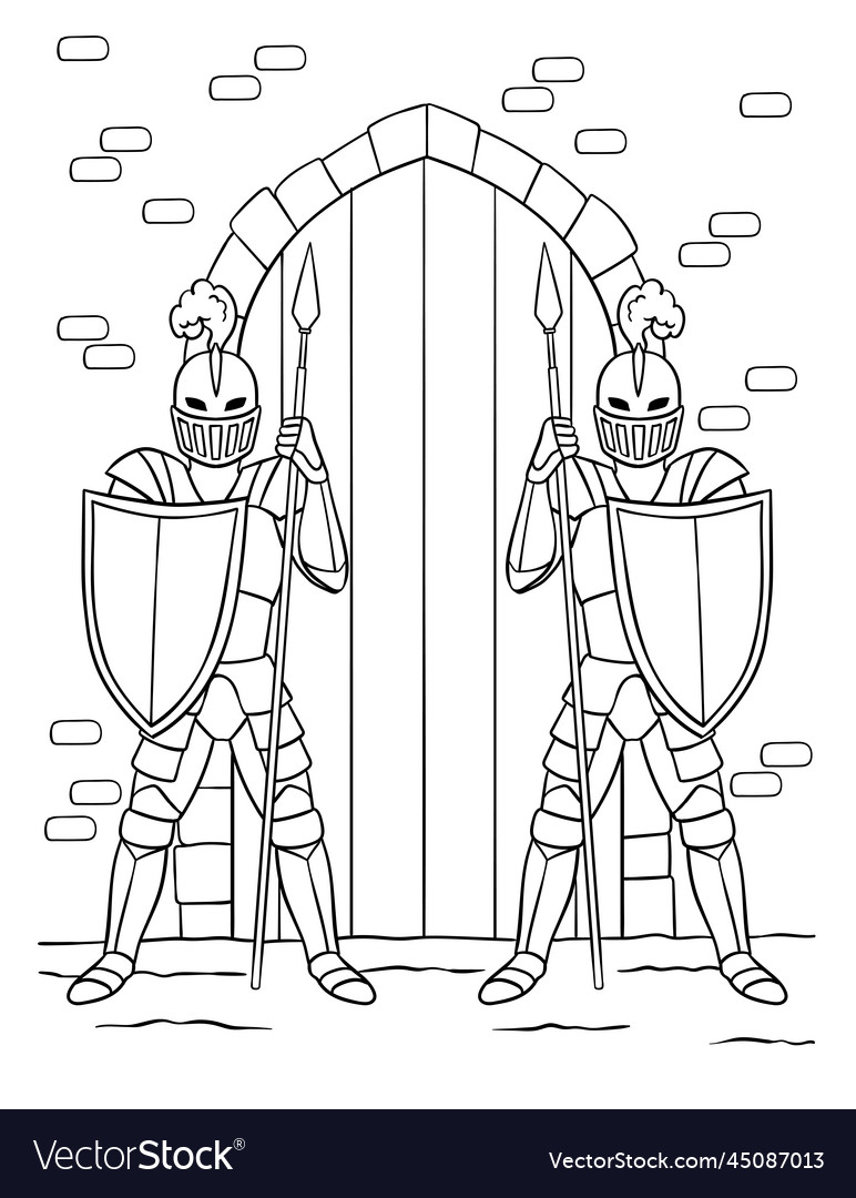 Knight guarding a gate coloring page for kids vector image