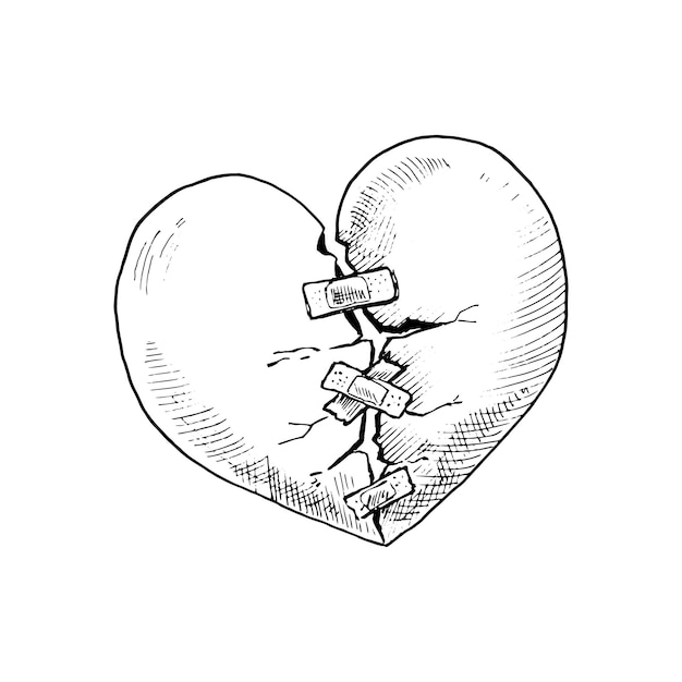 Gebrochenes herz das symbol r unglãcklichen liebe handgezeichnete skizze schwarz