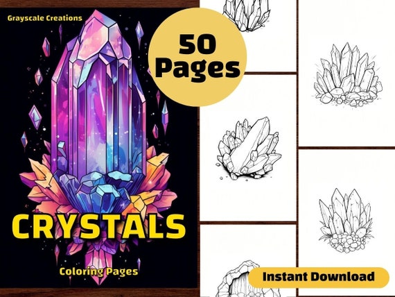 Crystal coloring page book halloween gemstones sparkle gem printable pdf sheets instant download grayscale coloring adults kids