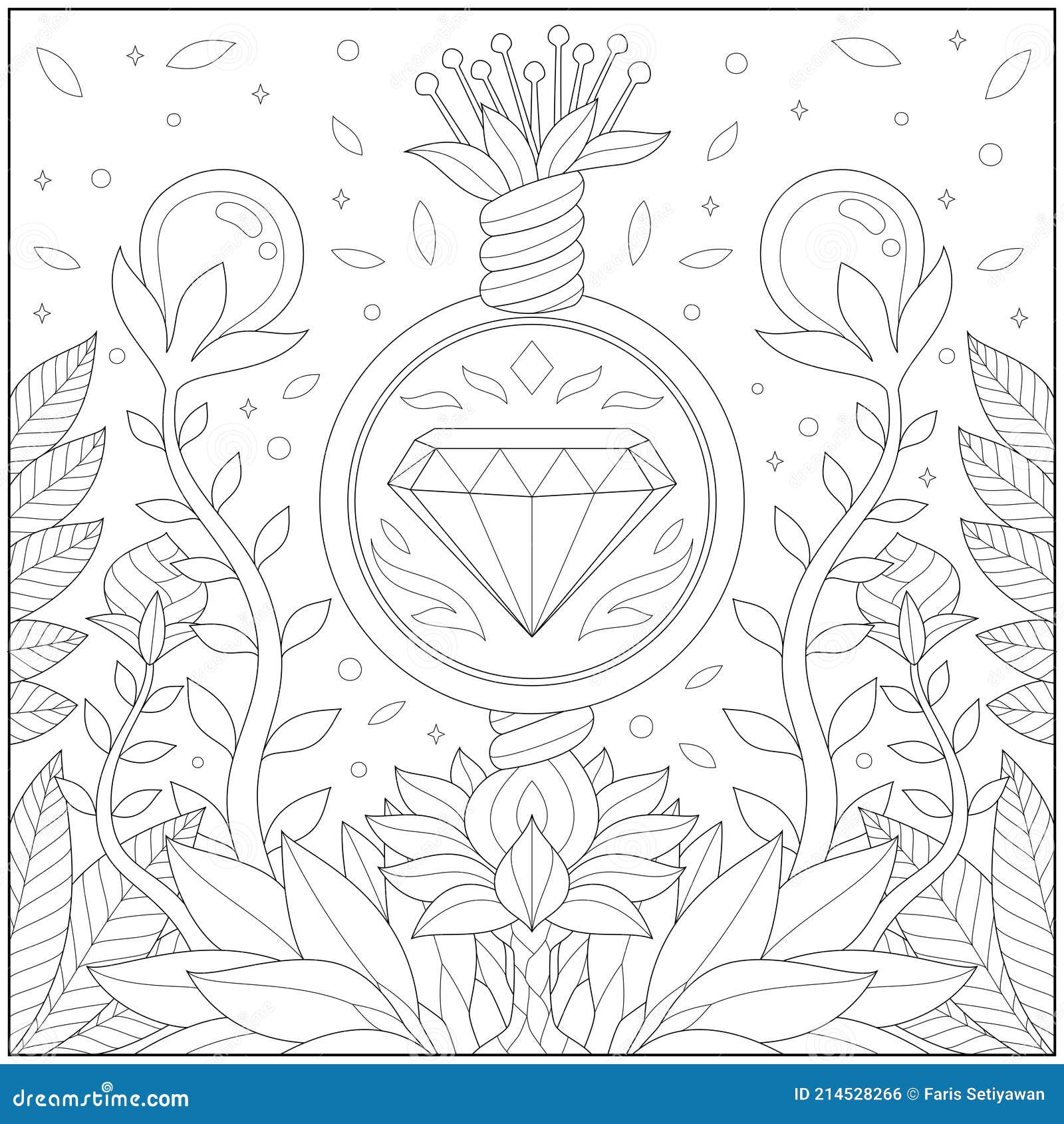 Fantasy emerald gemstone and bubble plant learning and education coloring page illustration for adults and children outline styl stock vector