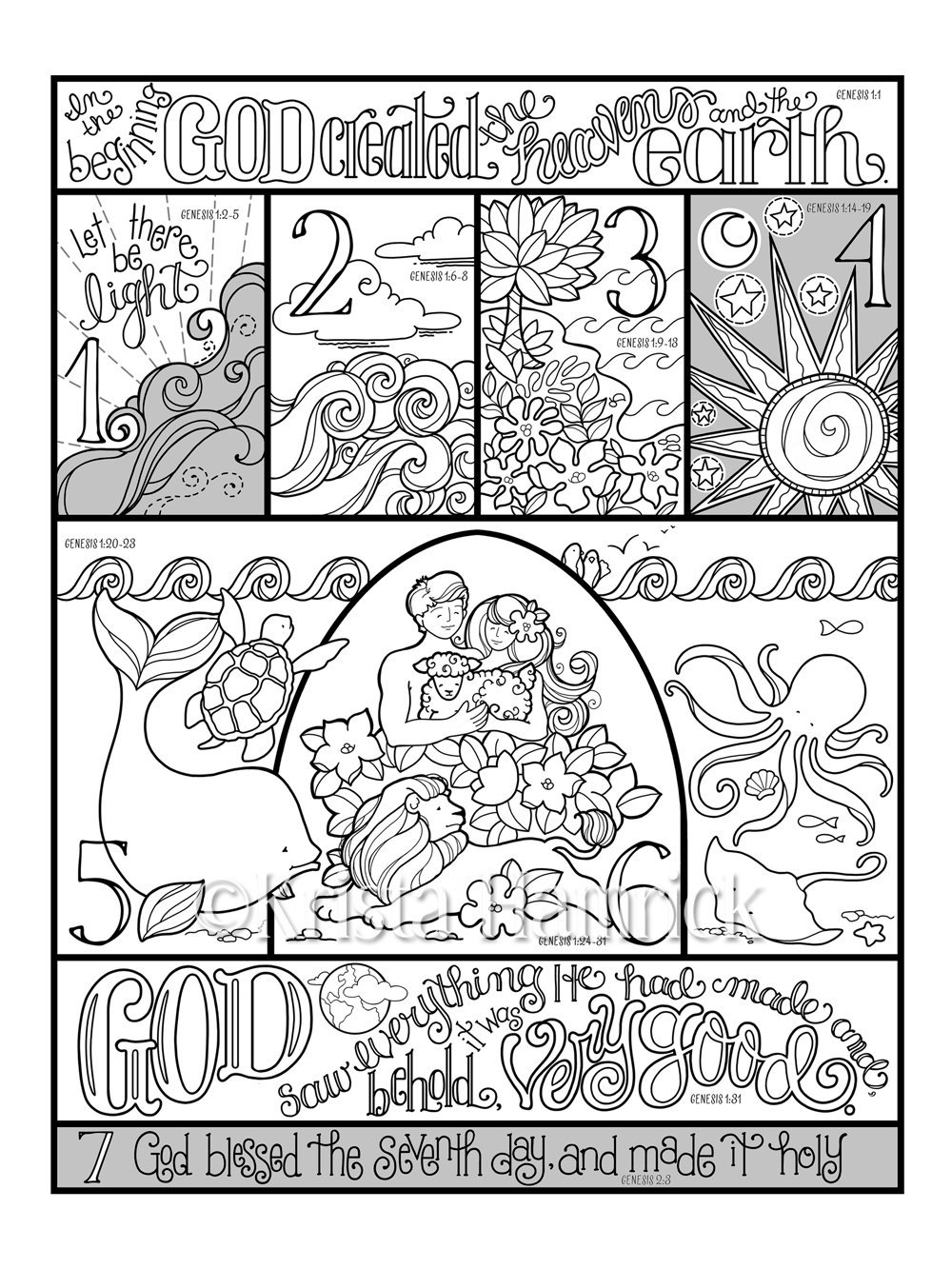 Days of creation coloring page in three sizes x x suitable for framing x for bible journaling tip