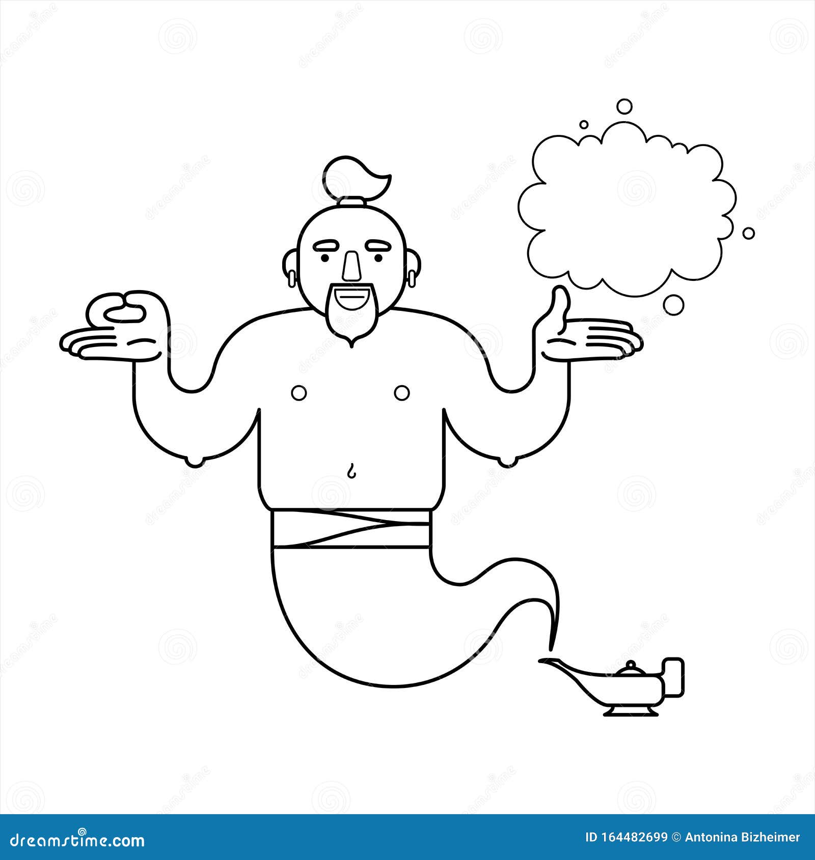 Outline contour genie from a lamp cartoon character for coloring book page the genie will easily fulfill any three wishes stock illustration