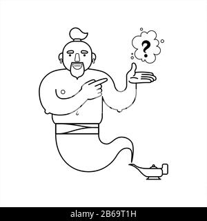 Outline contour genie from a lamp cartoon character for coloring book page the genie will fulfill any three wishes draw a wish place for drawing stock vector image art