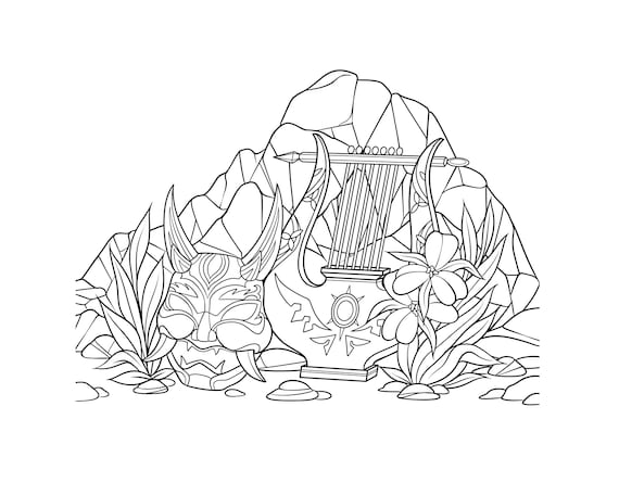 Venti and xiao mask and lyre coloring page genshin impact coloring book digital download