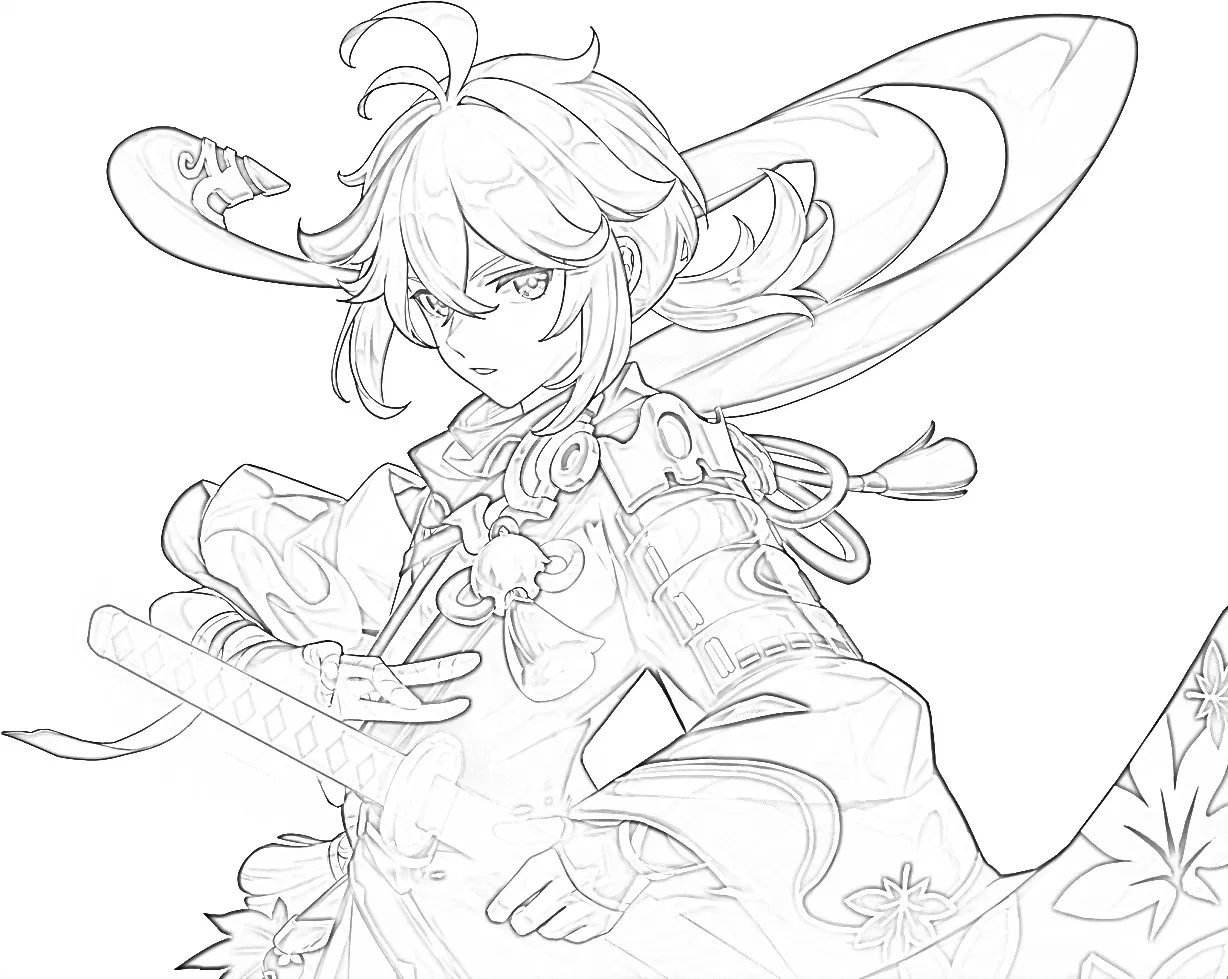 Kaedehara kazuha colouring page genshin impact