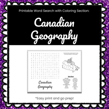 Canadian geography printable word search puzzle with coloring section