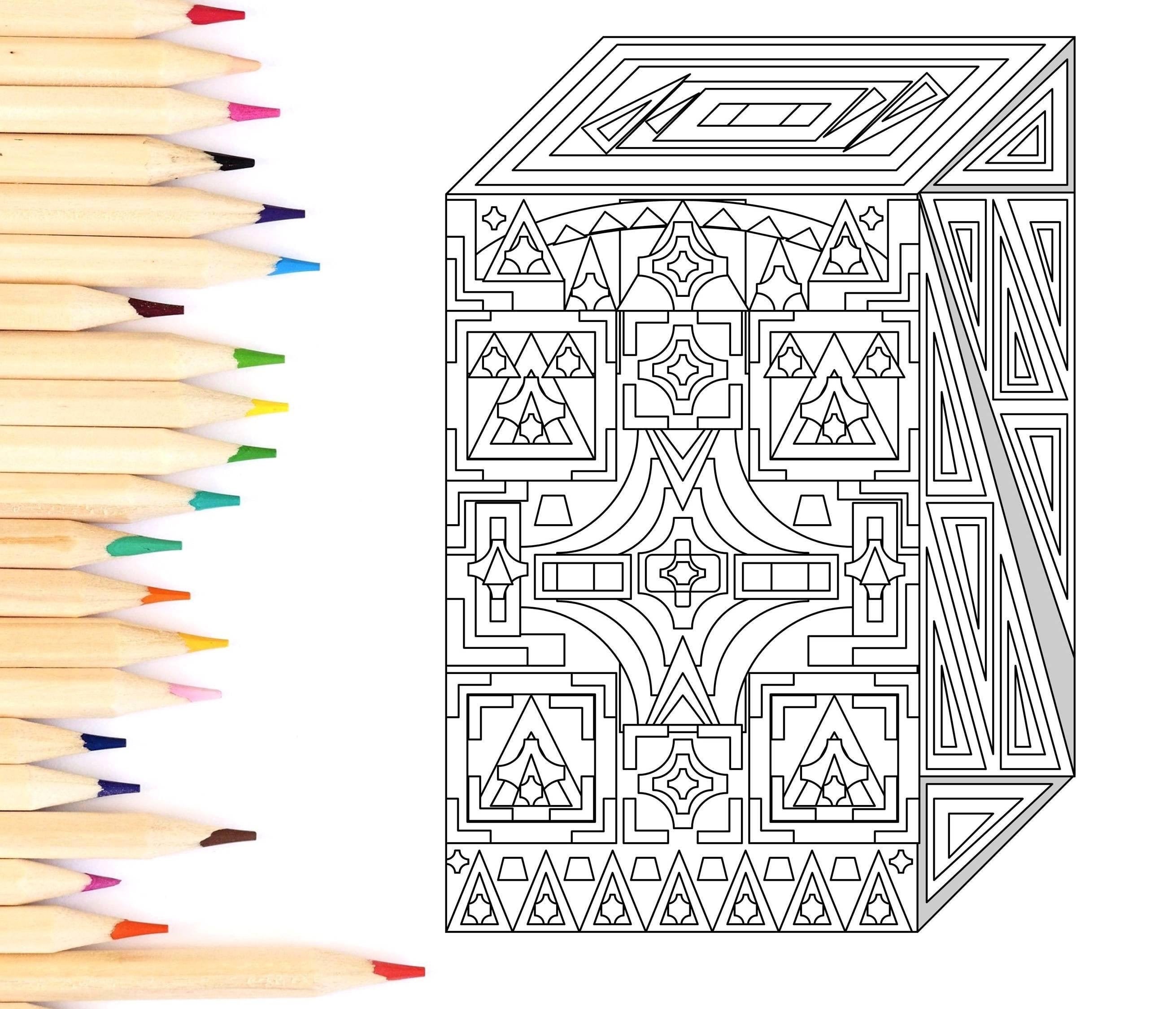 Adult coloring page instant download cuboid shapes and geometric patterns coloring for mindfulness and relaxation