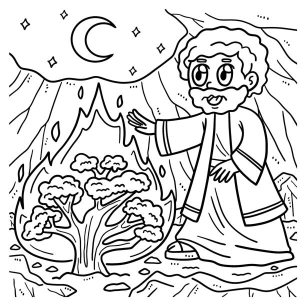 Christian moses and the burning bush coloring page stock illustration