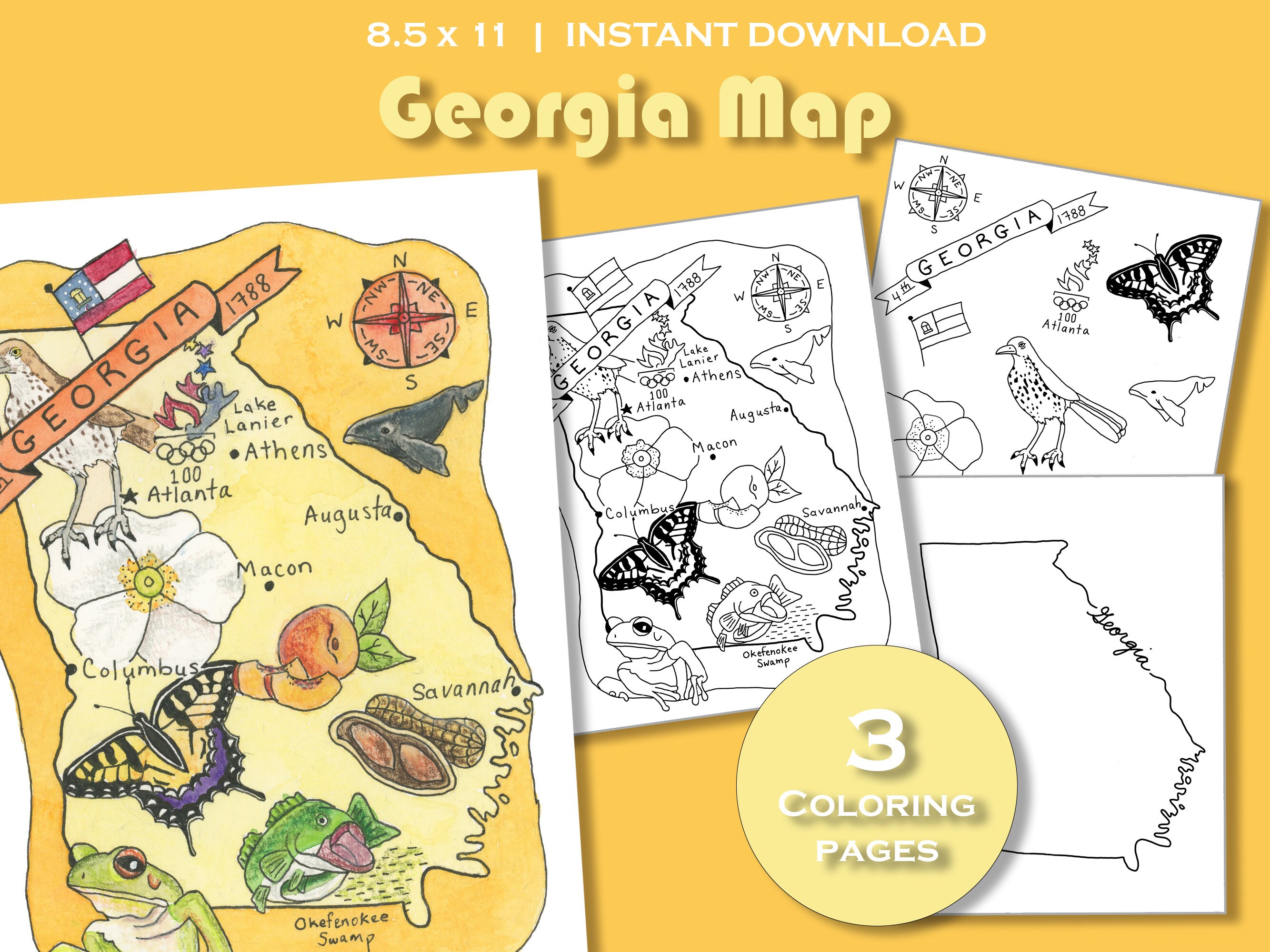 Georgia coloring page georgia state map georgia printable packet georgia state symbols georgia travel poster print