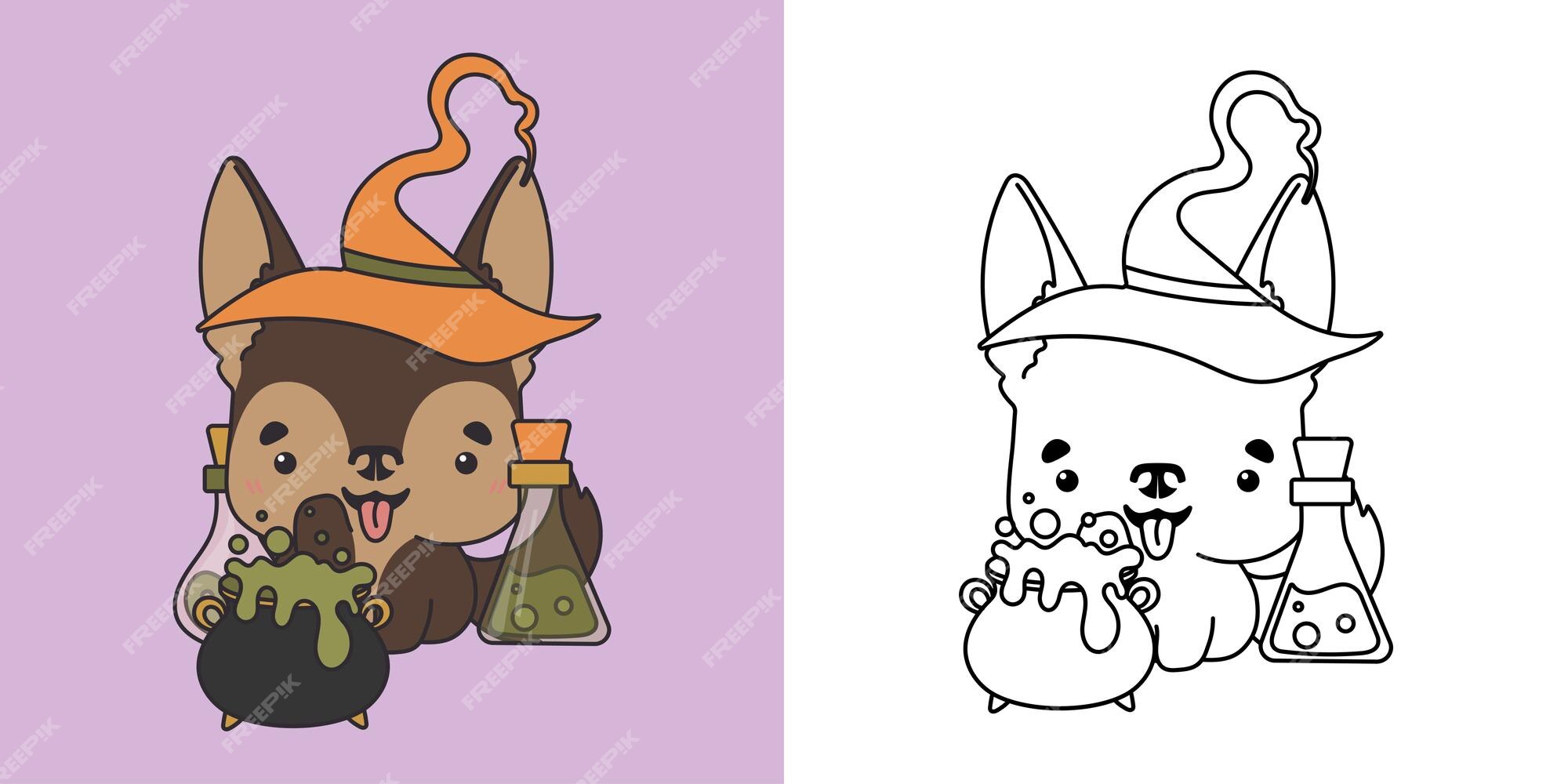 Premium vector set halloween german shepherd dog coloring page and colored illustration kawaii halloween dog