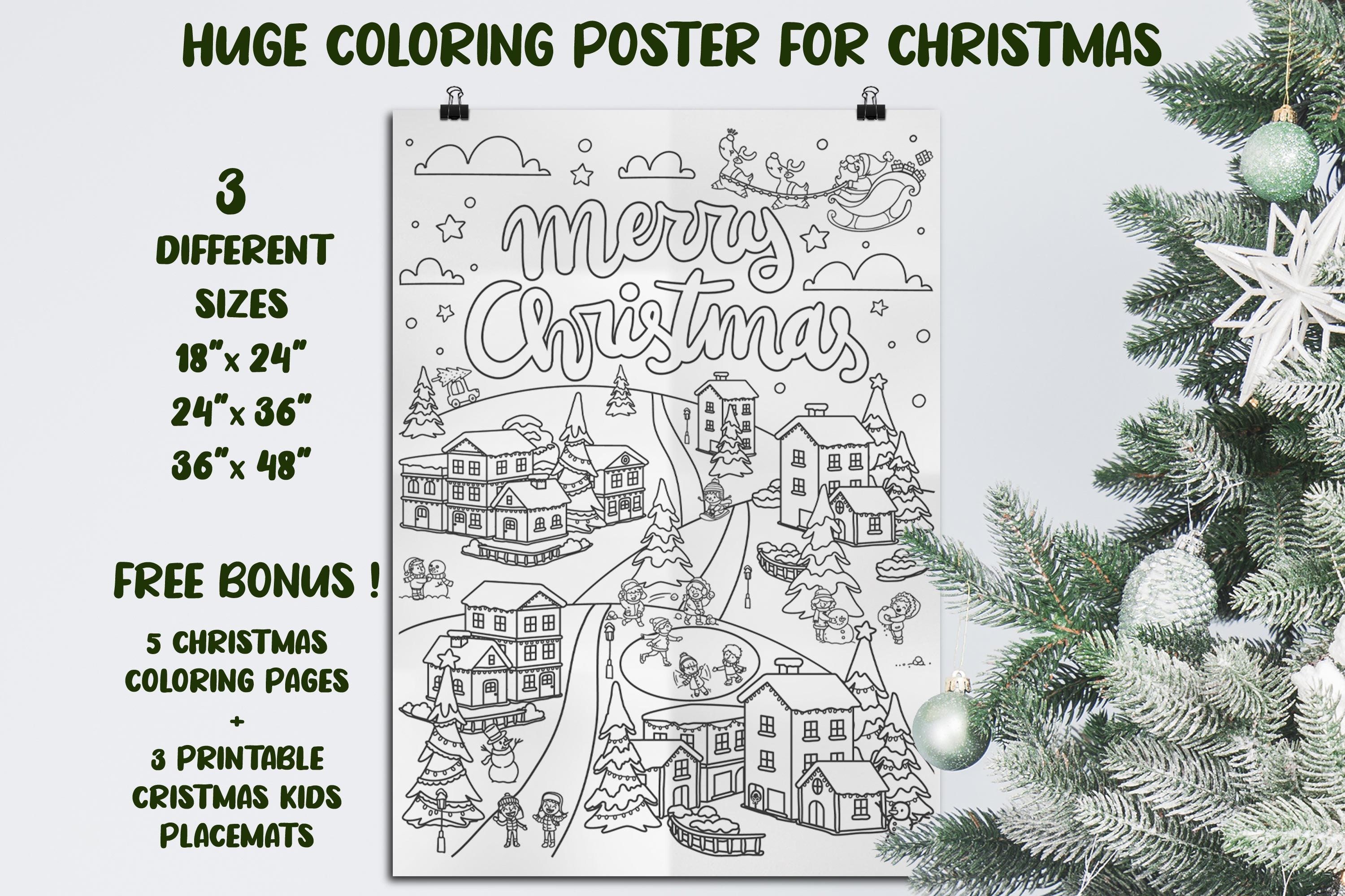 Printable christmas coloring poster for kids different sizes includes coloring pages and placemats pdf file instant download