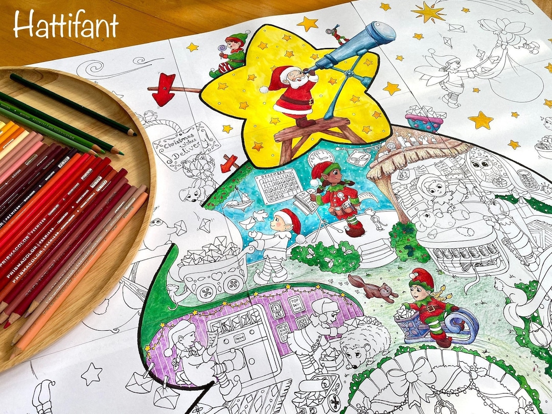 Giant poster christmas tree elf factory to color in including templates