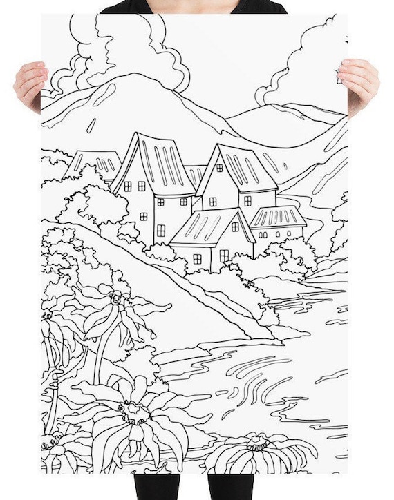 Cabins on a hill large coloring poster coloring page adults coloring page kids coloring page giant coloring poster arts and crafts