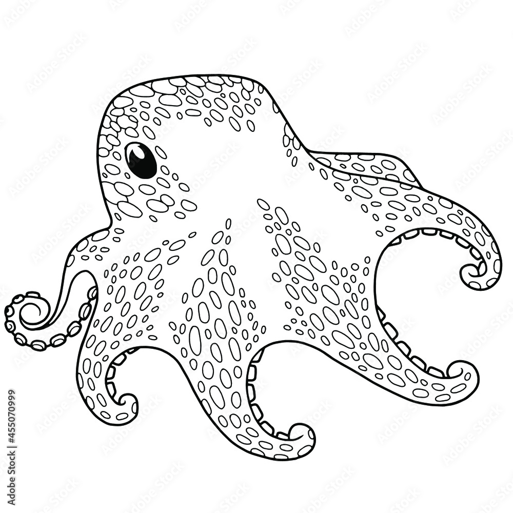 Cute cartoon octopus coloring page black outline isolated on white vector