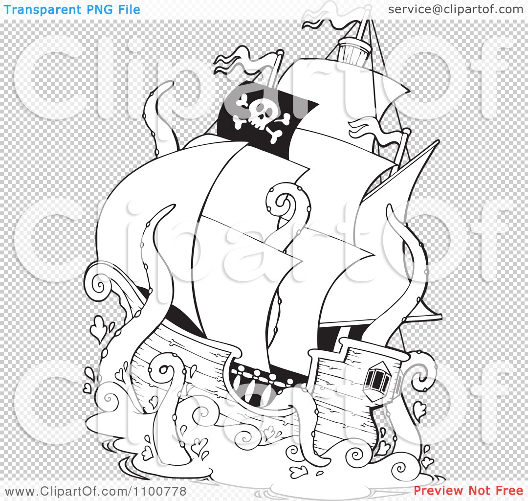 Clipart outlined pirate ship being attacked by a giant octopus or squid
