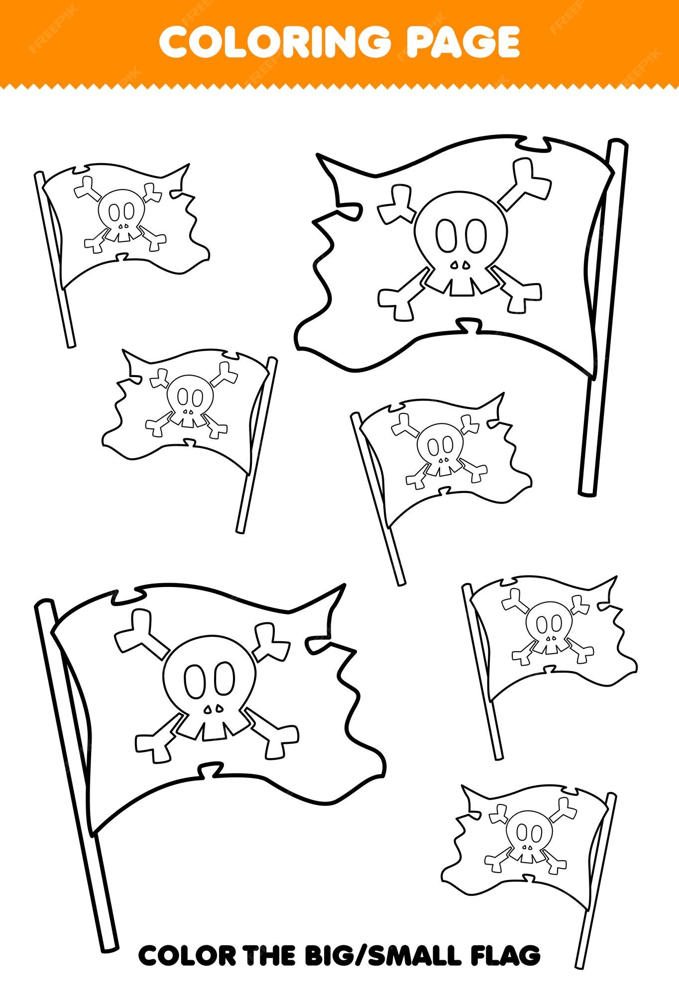 Premium vector education game for children coloring page big or small picture of cute cartoon flag line art printable pirate worksheet