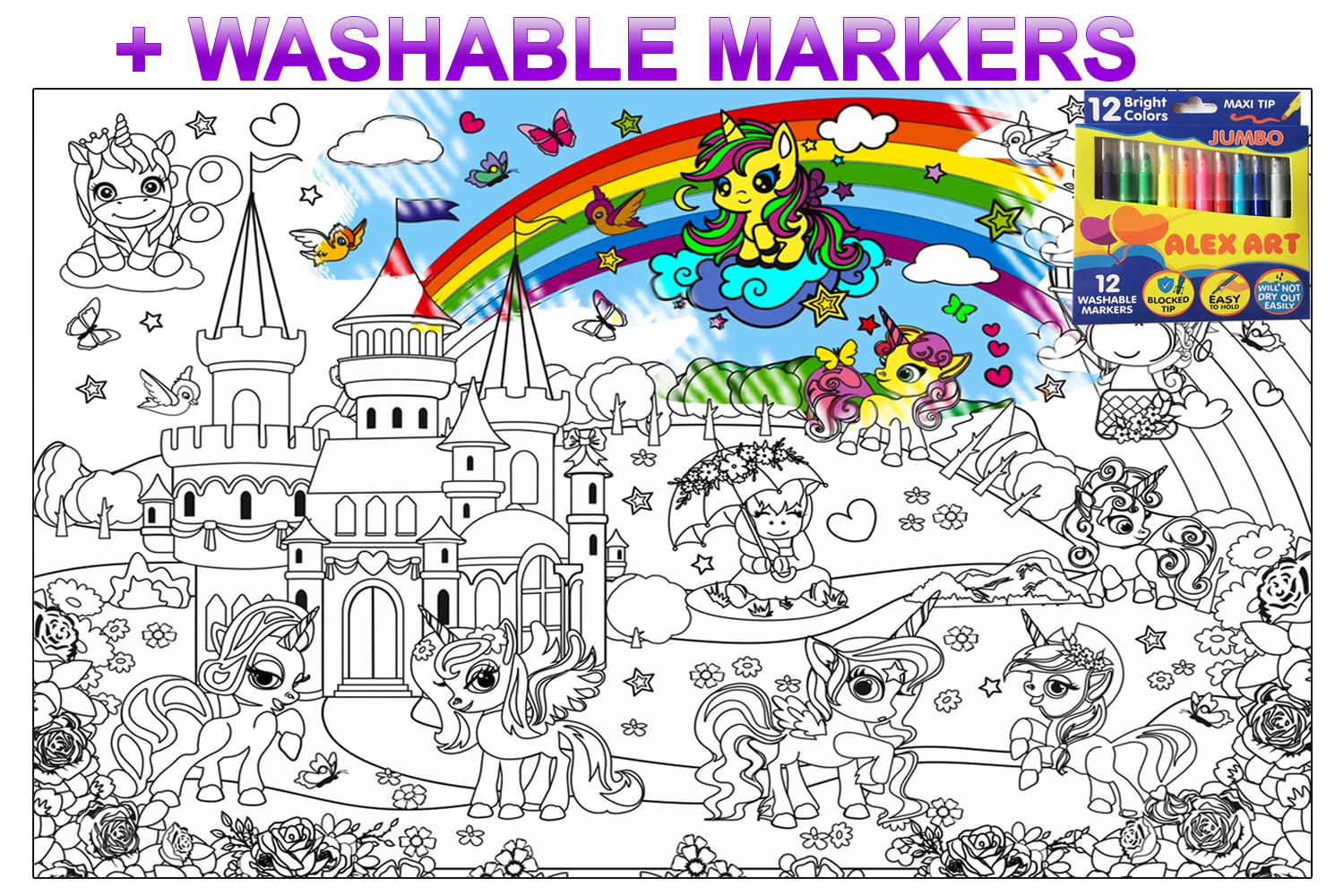 Giant coloring poster unicorns with markers