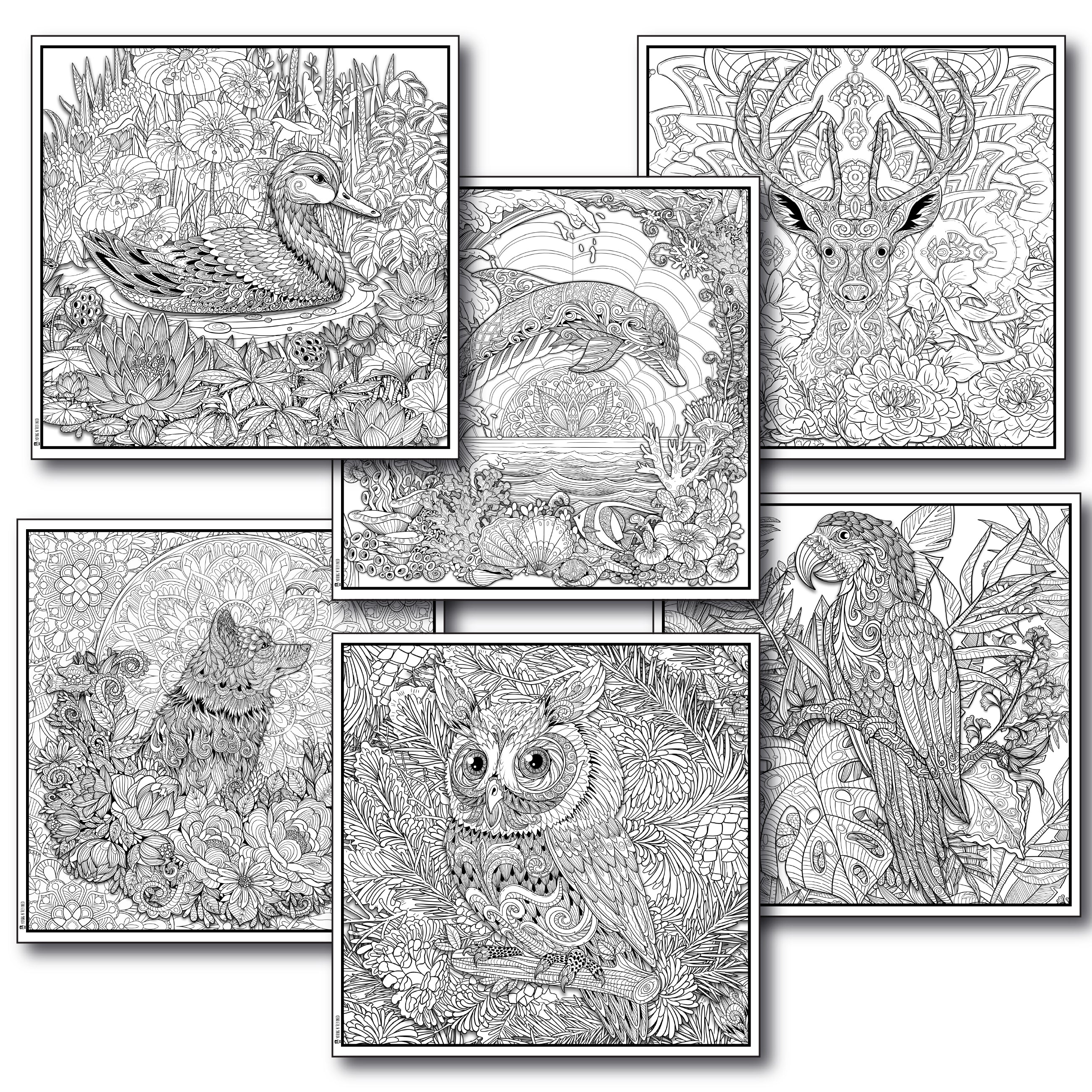 Pack of large adult coloring poster pages animals made of mandala fl â young n refined