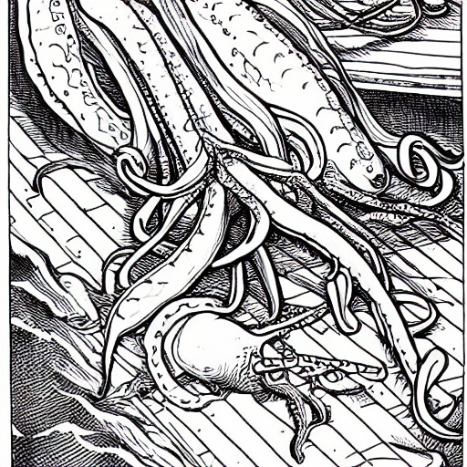 A giant squid carrying napoleon on its back coloring book page
