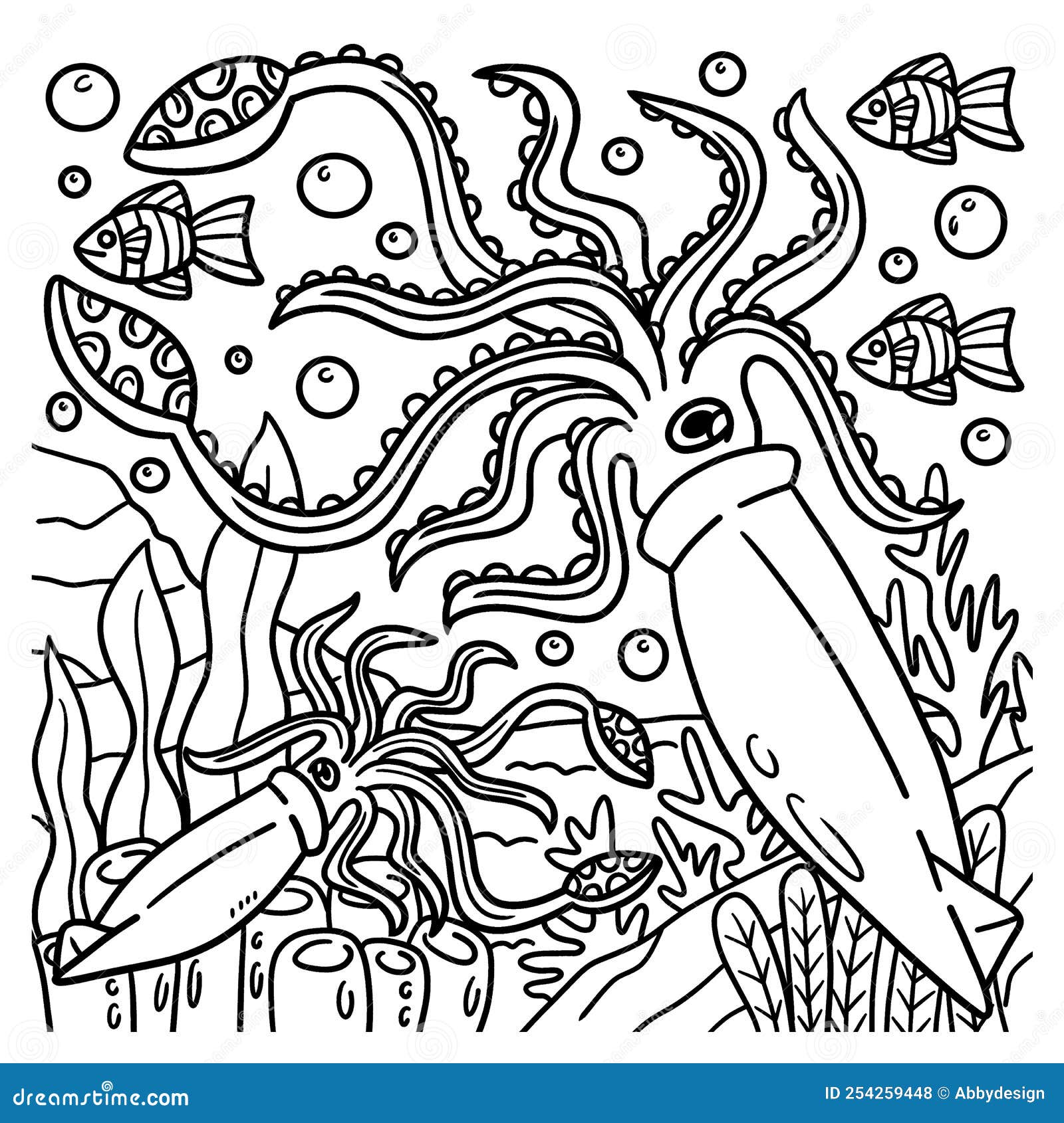 Giant squid coloring page for kids stock vector