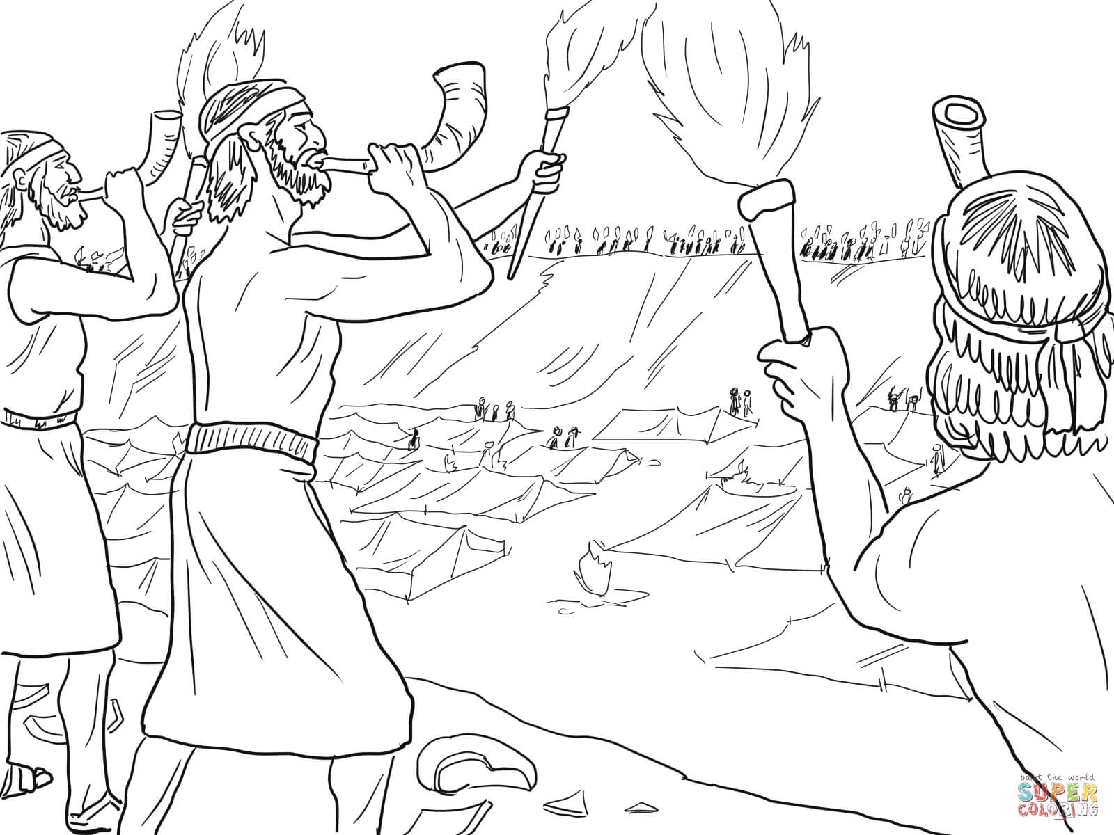 Gideon soldiers with trumpets and torches coloring page free printable coloring pages