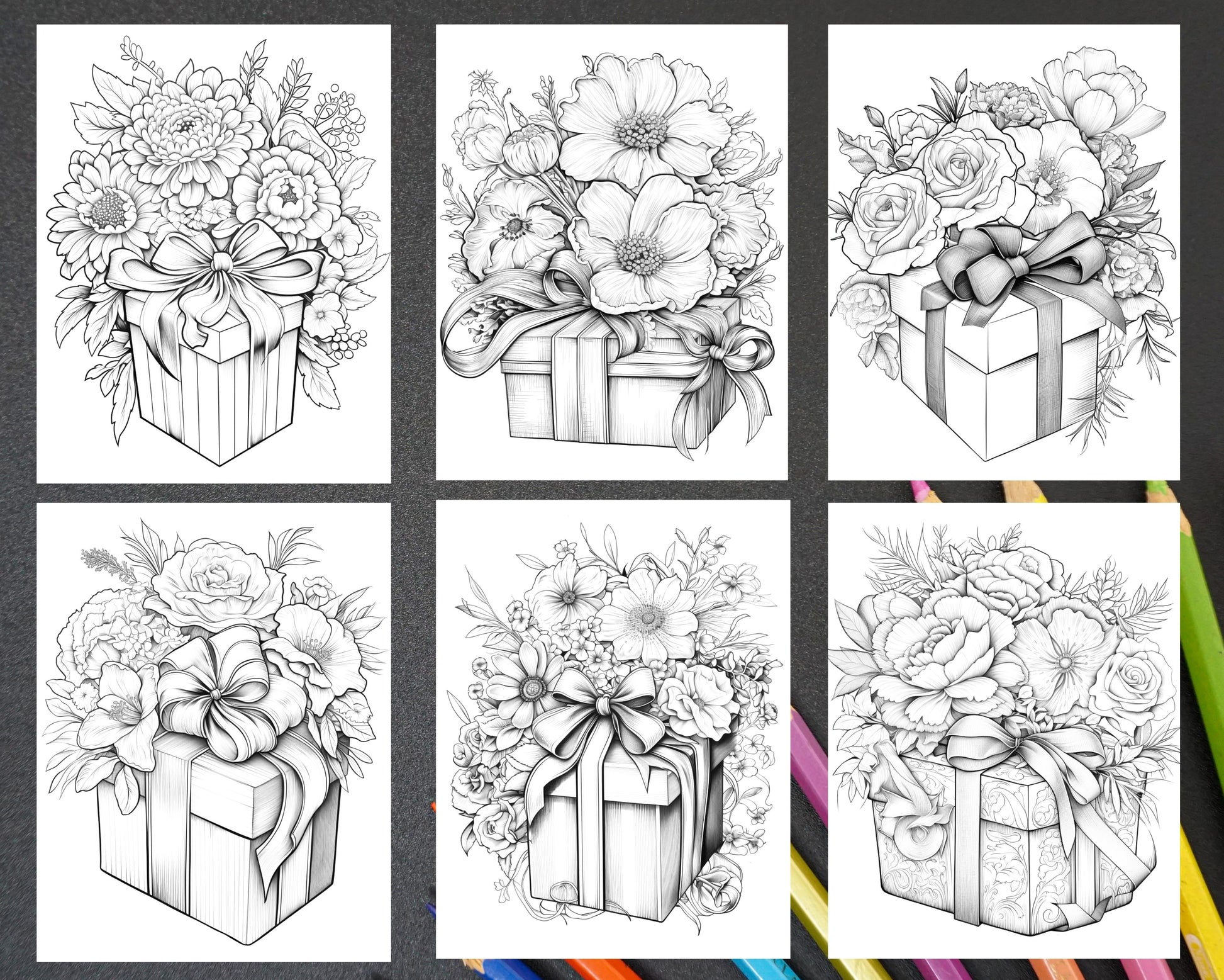 Flower gift box grayscale coloring pages printable for adults kids â coloring
