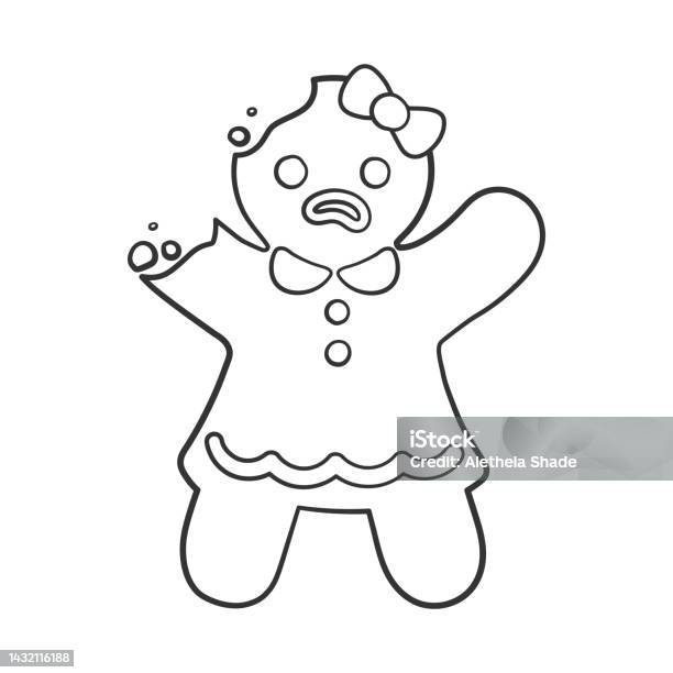 Gingerbread girl cookie with bite outline doodle cartoon illustration funny winter christmas food theme coloring book page activity for kids stock illustration